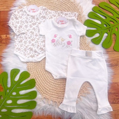 CONJ. DE MALHA 3 PEÇAS - Passarinho com Flores Bordadas - Off White 